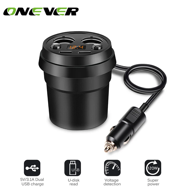 

Onever 3.1A Dual USB Car Charger 2 Sockets Adaptor With Voltage Current Display Charger Car Cup Holder Cigarette Lighter