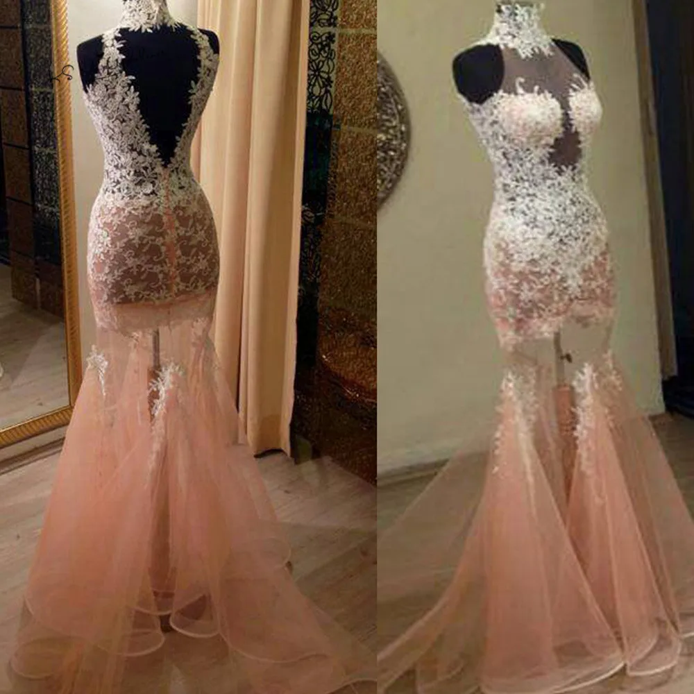 

Pink Sexy See Through High Neck Prom Dresses 2018 White Applique Mermaid Long Evening Gowns Backless Vestido de Formatura Courte