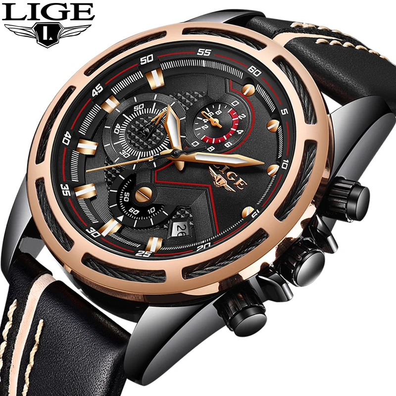

Montres hommes 2018 New LIGE Top Luxury Brand Watch Men Leather Quartz Watches Mens Military Waterproof Clock Sport Chronograph