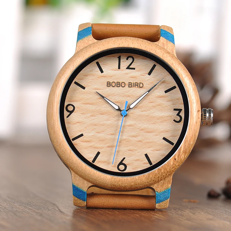 BOBO BIRD Bamboo Watches Leather band Watch Quartz Wristwatches Fashionable Timepieces for Men and Women C-aQ22