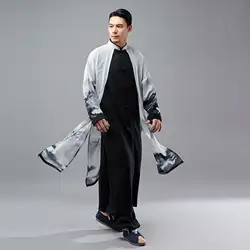 Для мужчин мужской Повседневное халат куртка китайский Стиль хлопок белье шифон сращивания длинная рубашка Тренч