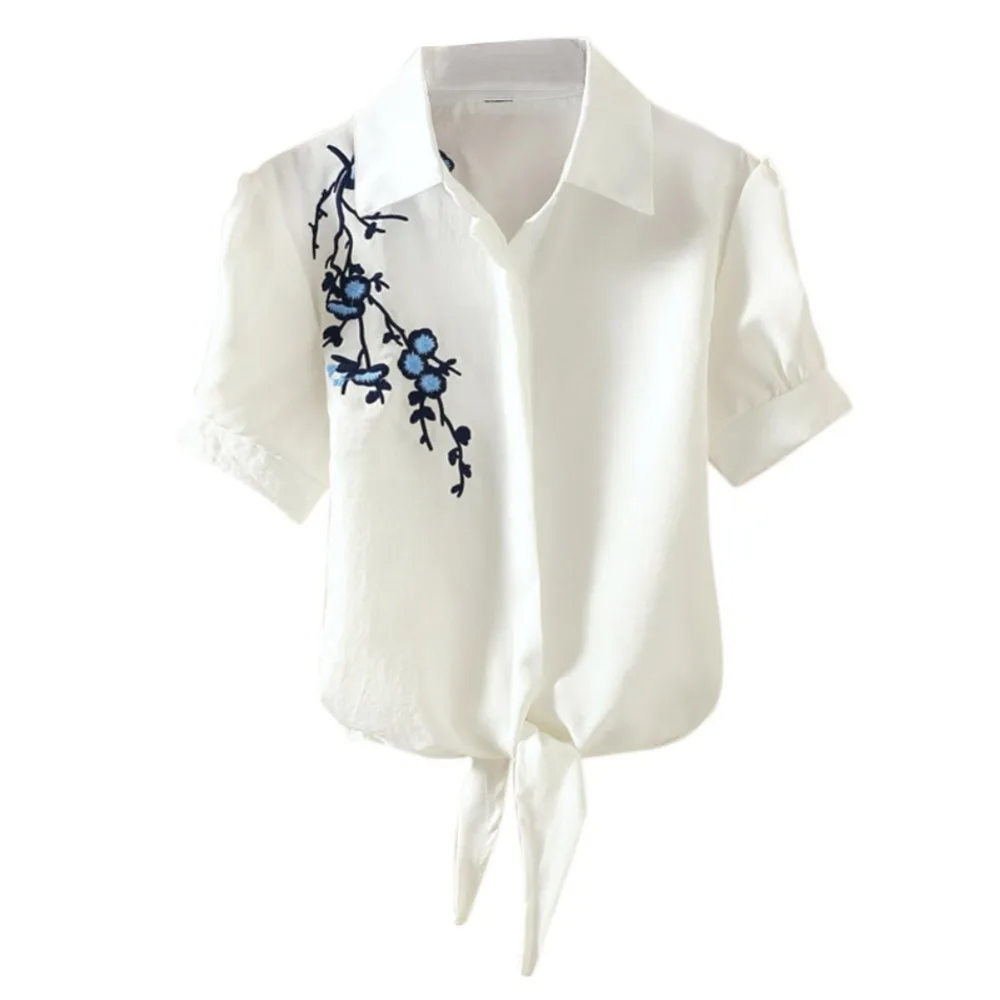 Вышивка в полоску с цветами Blusas Сексуальная женская блузка рубашка на шнуровке летние топы рубашки с отложным воротником дешевая одежда