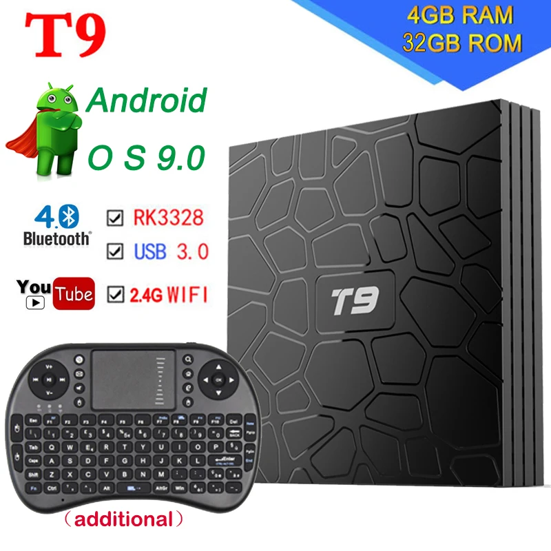 2018 Новый Smart Android 8,1 ТВ коробка T9 4 ГБ 32GM Встроенная память RK3328 4 ядра BT4.0 H.265 4 К 2,4 ГГц/5 ГГц WI-FI IP ТВ телеприставки Media Player