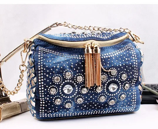 Fashion Blue Denim Jean Bags Bling Fashion Small Bag with Tassel Shoulder Bag with Rhinestone Lady Denim Women Handbags