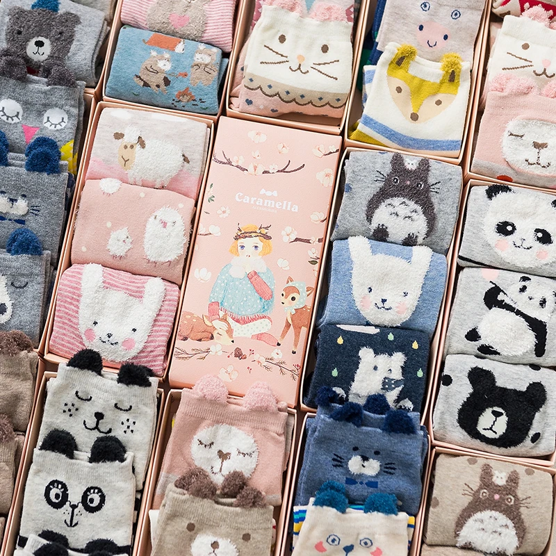 Gift box women autumn winter cute 3d ears cartoon animal cotton socks for woman fashion socks 3pairs/lot