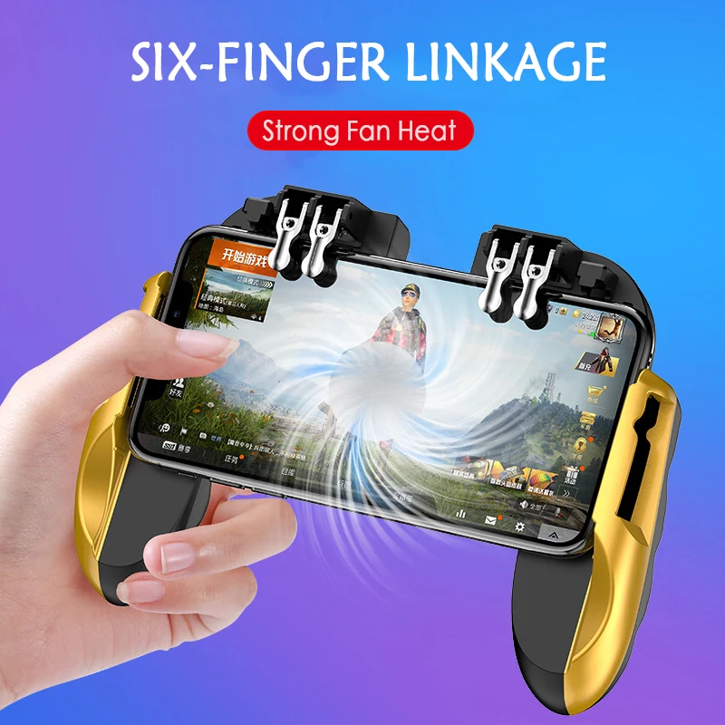 PUBG Mobile Controller Six Finger Gamepad With Cooler Cooling Fan For iOS Android Operation Joystick red and gold 500mAh battery