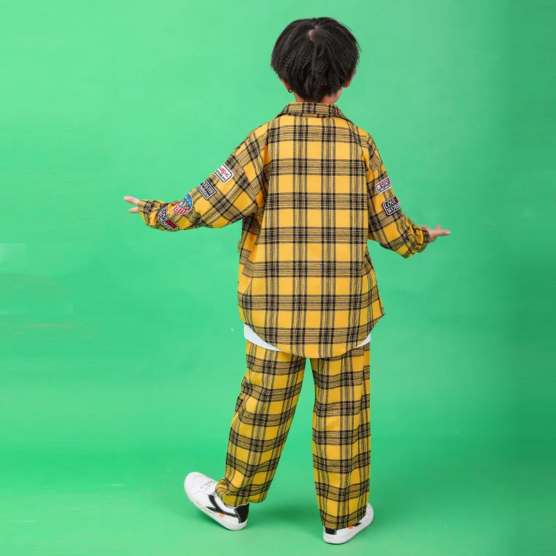 2019 New Children Hip-hop Street Dance Performance Costume Autumn Boys Girls Loose Jazz Dance Show Yellow Plaid Shirt Pants Set (6)