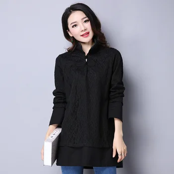 

2xl plus big size blusas feminina 2017 new korean spring autumn women thin new national wind black lace shirts female A2766