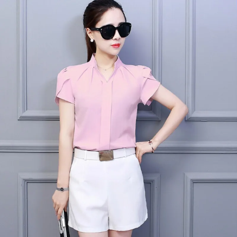 Белая женская рубашка с коротким рукавом, модная облегающая шифоновая блузка для отдыха, топы - Цвет: Розовый