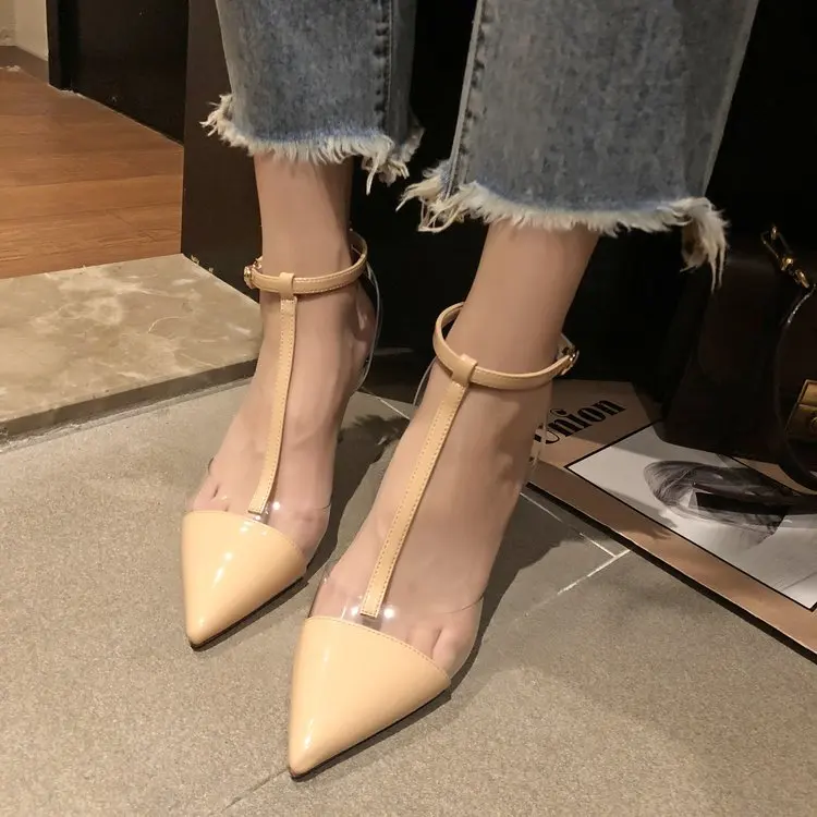 

Spring patent leather transparent film PVC toe pointed sandals T word with a word buckle fairy wind high heels