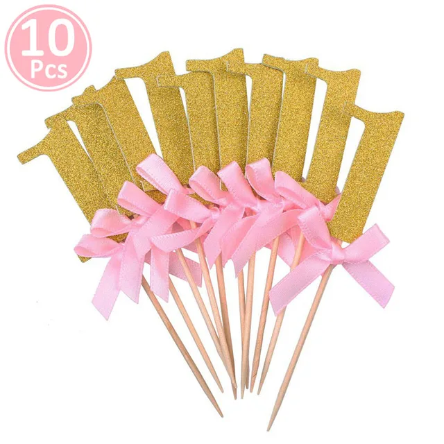 First Birthday One Cupcake Topper 1st Years Boy Girl DIY Party Decorations 1 Year Old Baby Birthday Decor Kids 10pcs gold pink 1