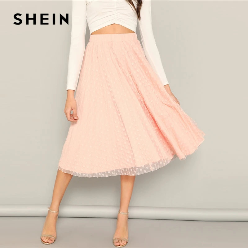 

SHEIN Romantic Pink Pastel Dot Mesh Overlay Flare Long Length Skirt Lady Spring Casual A-Line Morden Lady Mid Waist Midi Skirt