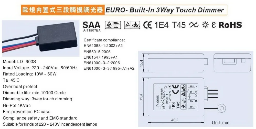 LD-600S евро-встроенный 3-полосный сенсорный диммер 10~ 60 Вт для лампы накаливания или 3-20 Вт Светодиодный светильник на входе 220-240 В переменного тока Новинка