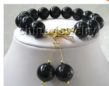 

wholesale Style For Women's, Beautiful 8" 14mm perfect round black onyx bracelet & earring