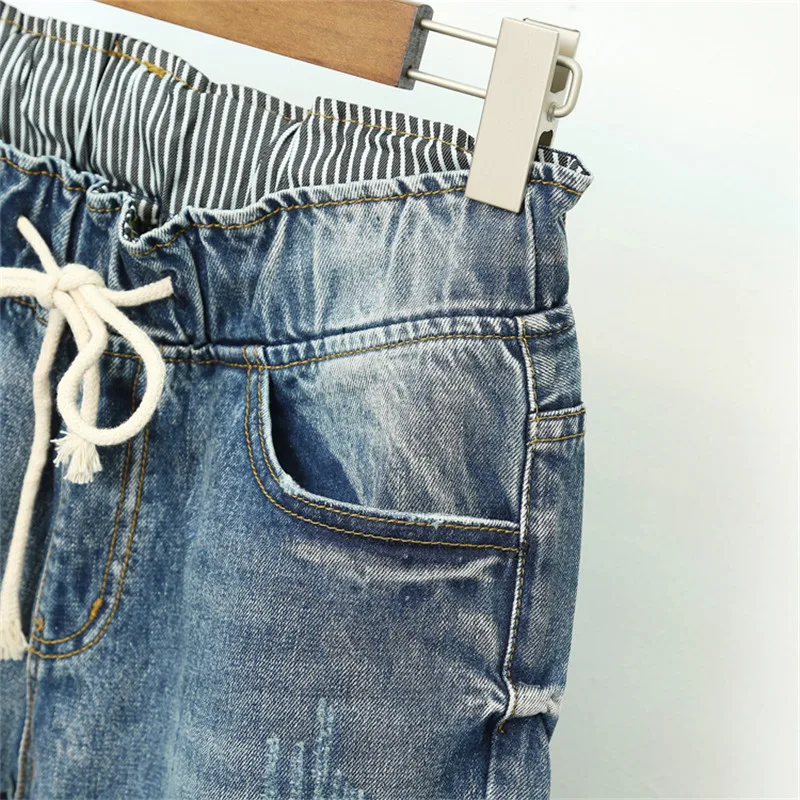 Женские рваные джинсы размера плюс 5XL с дырками, уличная одежда на шнуровке, повседневные джинсы с высокой талией, женские штаны-шаровары, джинсовые джинсы, Femme C5338
