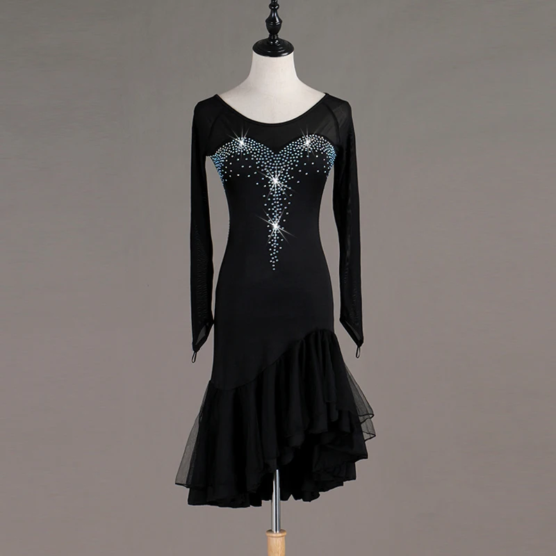 

Latin Dance Dresses Longs sleeve Shoulder Mesh Black Mesh Tango Samba Dancer Black/Pink/Red Dress