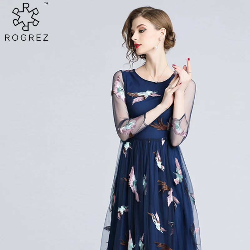 ROGREZ Blue женское элегантное платье Vestido полупрозрачное Сетчатое платье с длинным рукавом с рисунком птицы Повседневное платье с круглым вырезом длинное платье в стиле бохо