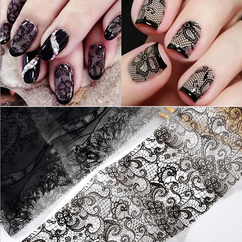 10 Sheets 3D Lace Nail Art Stickers Black White Lace Flower Design Nail