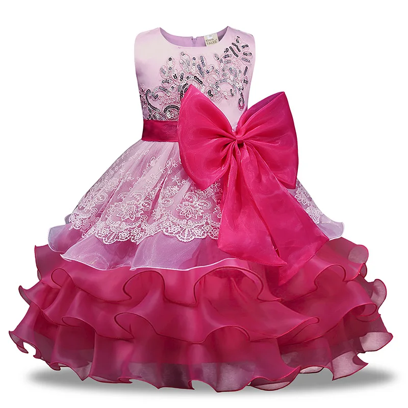 

White and Red Hot Pink Ruffles Hem Wedding Pageant Dress Girl Kid Clothing Princess Birthday Dresses for Children