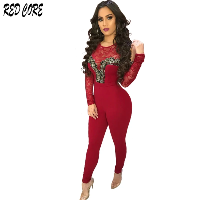 

REDCORE Lace Patchwork Rompers Womens Jumpsuit Ladies Jumpsuits Off Shoulder Long Sleeve Elasticity Playsuit Women S-XL LTK029