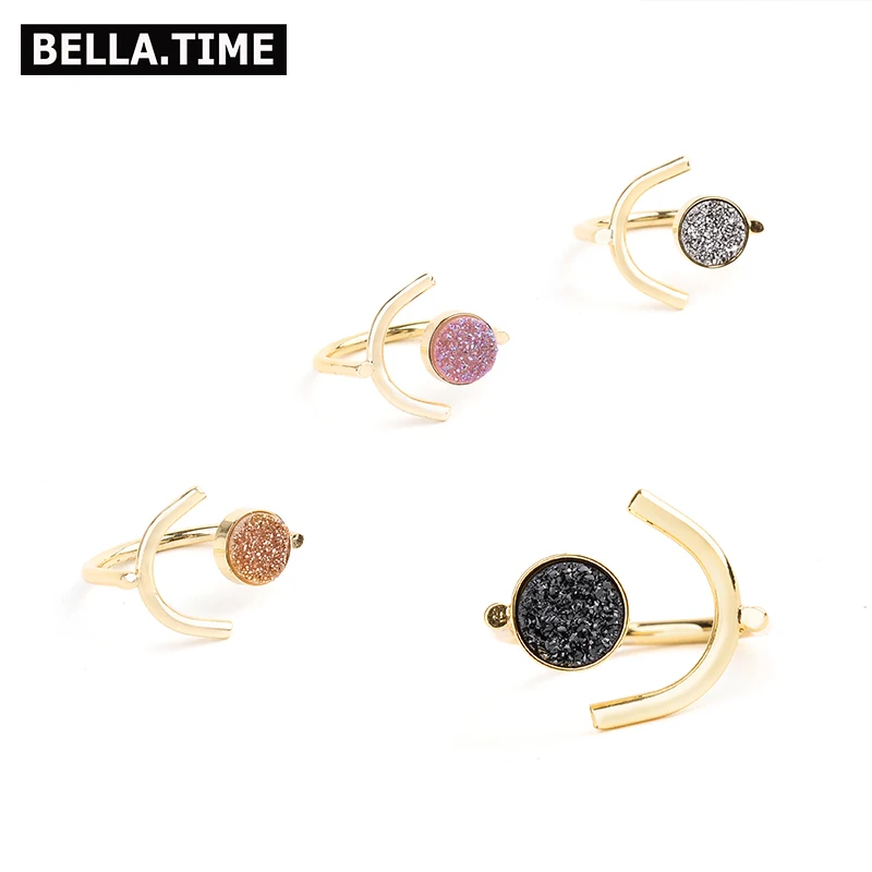

ELLA.TIME Bohemian Adjustable Gold-color Quartz Druzy Rings For Women Natural Stone Champagne Black Gray Purple Drusy Rings RI25