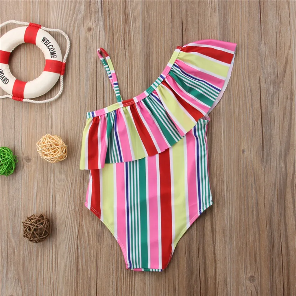 Детский купальник бикини для девочек пляжная одежда в радужную полоску цельный