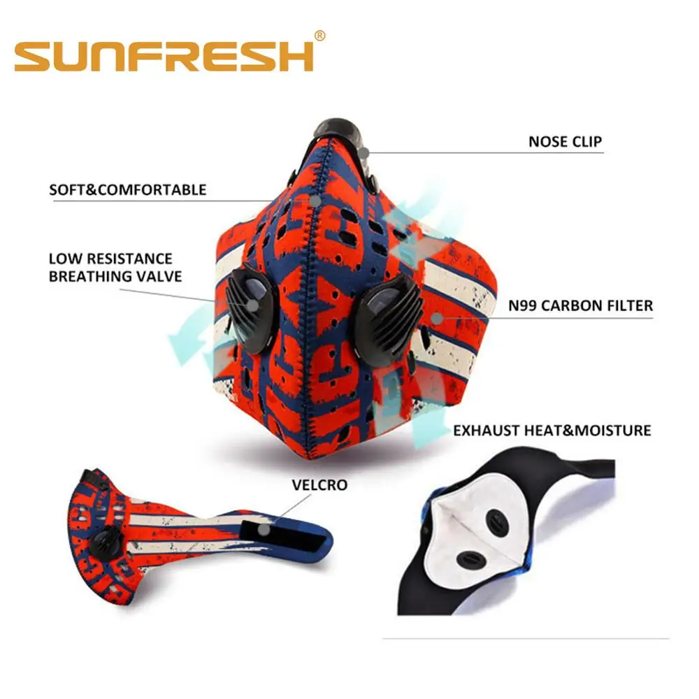 Respirator with 4 Carbon N99 Filters for Pollution Pollen Allergy Woodworking Running Washable Neoprene Half Face mouth Mask