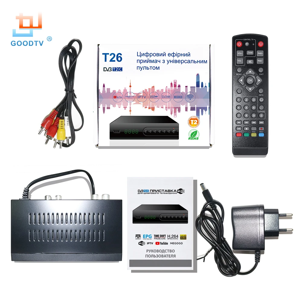 U2C USB DVB T2 Wifi TV Tuner DVB-T2 Receiver Full-HD 1080P Digital Smart TV Box Support MPEG H.264 I PTV Built-in Russian manual