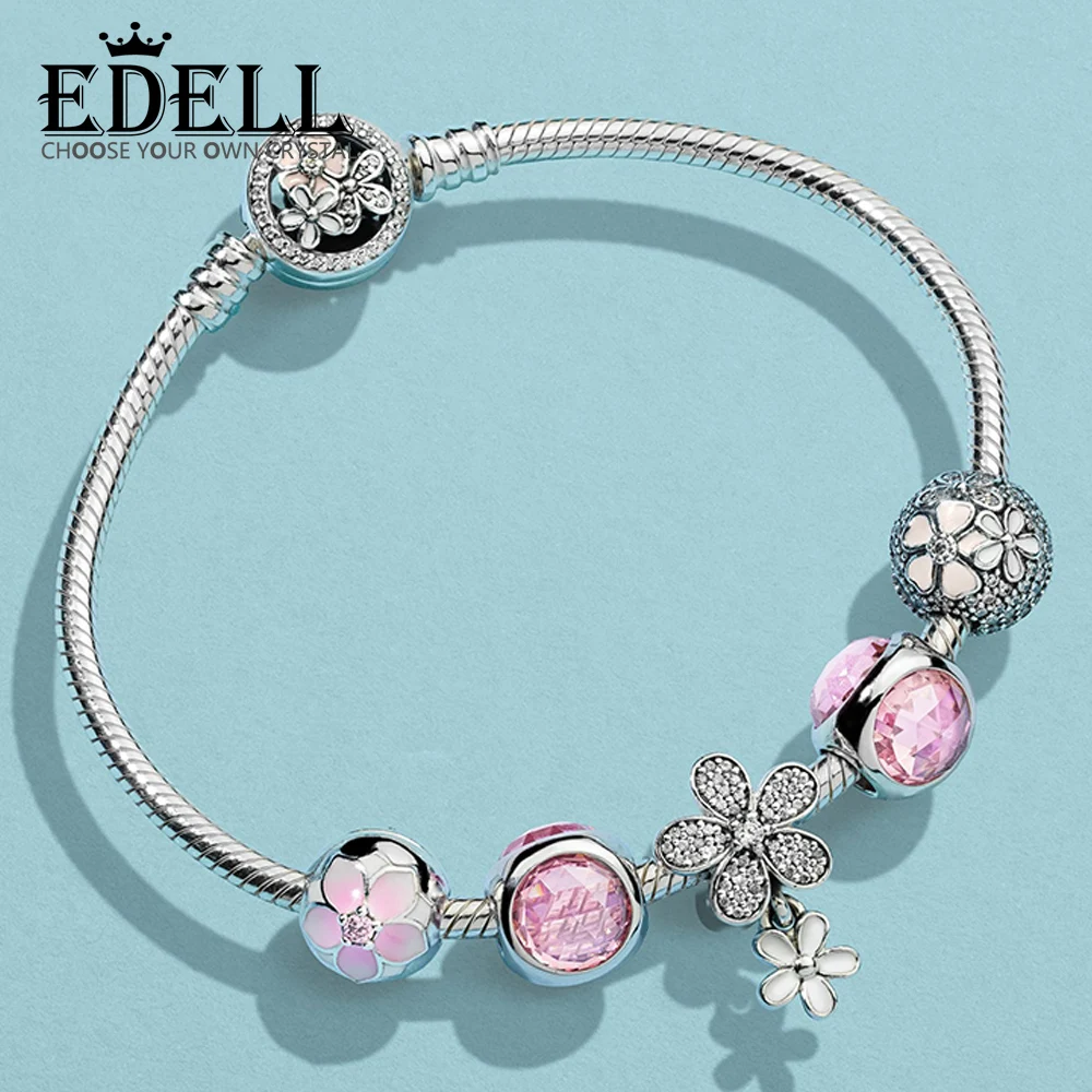 

EDELL 100% 925 Sterling Silver MAGNOLIA POETIC BLOOMS FIXED CLIP Pink Radiant Droplet Dazzling Daisy Duo Charm Bracelet Set