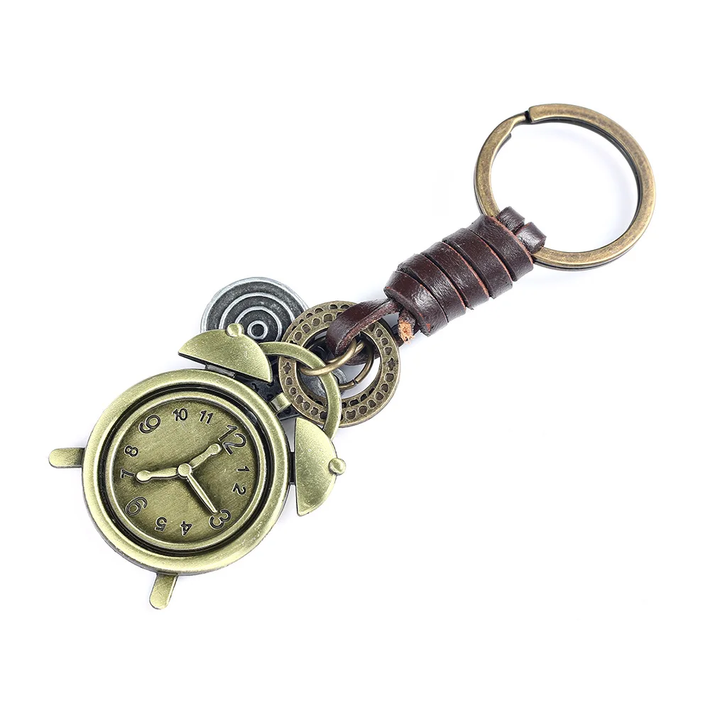 Vintage Alloy Watch Alarm clock Keychain Leather Car keyrings Pendants