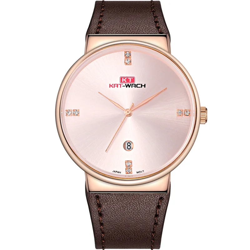 

KAT-WACH Zegarek Men Leather Strap 3ATM Water Resistant Fashion Rose Gold Men's watch