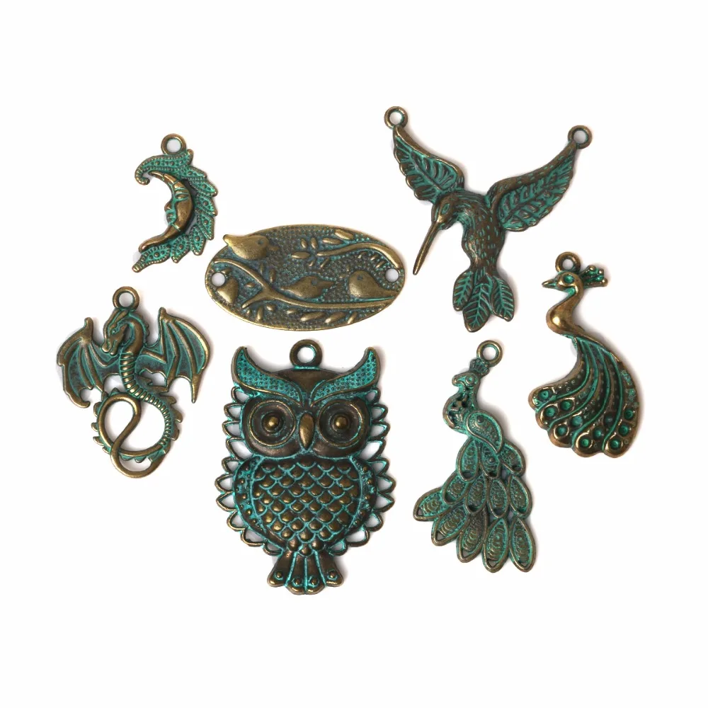 

New Style Verdigris Patina Plated Vintage Zinc Alloy Peacock Pendants Moon Eagle Owl Charms for Jewelry Makings Charms lot