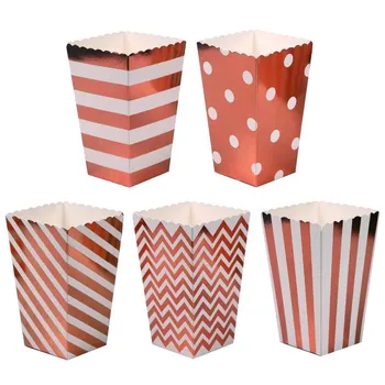 

12pcs Metallic Rose Gold Popcorn Box Striped Dot Wedding Decorations Birthday Party Candy Box Dessert Containers for Treats