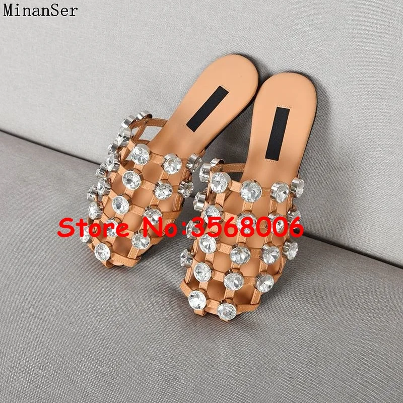 

Hot Sale Mules Slip On Amelia Lady Slides Shoes Round Toe Caged Summer Girls Slippers Shoes Brand Style Flats Shoes Plus Size 44