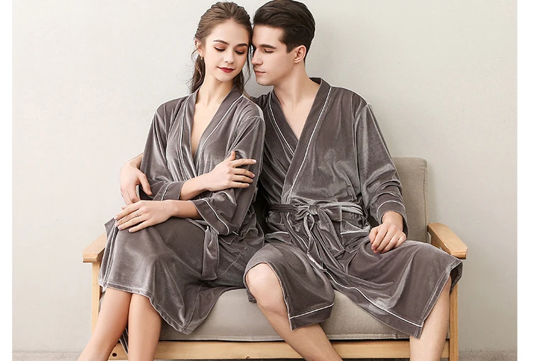 Men Women's Sleep Lounge Robes Gold Velvet Autumn Nightgrowns Couple Robe Bathrobe Male Female Dressing Gown Lounge Homewear 9