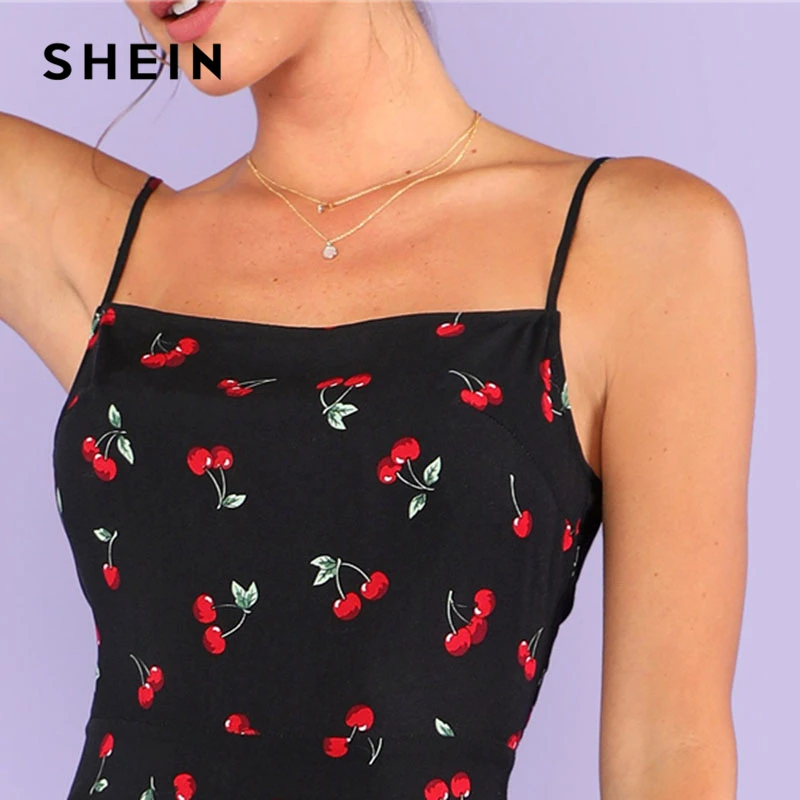 SHEIN модное женское платье на бретельках с принтом вишни, Повседневное платье на молнии без рукавов,, свободное короткое платье