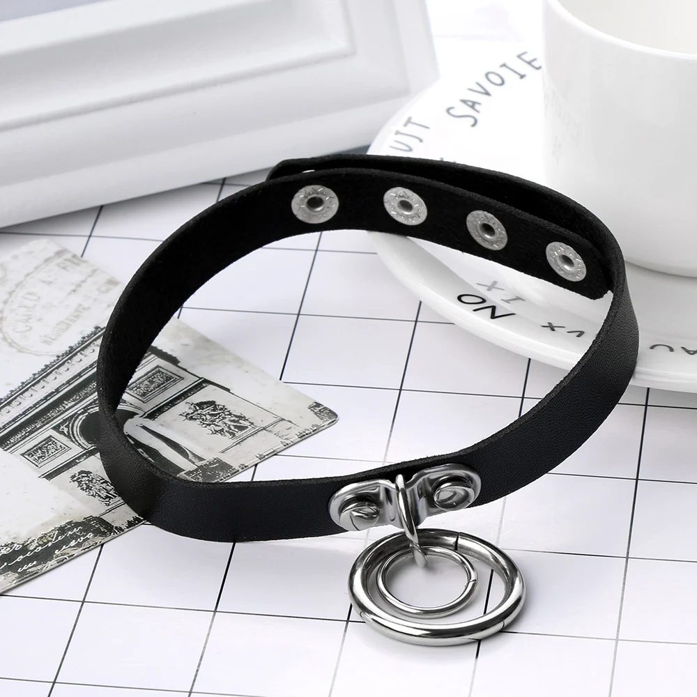 

1 PC New Fashion Handmade Punk Rock Dark Harajuku Double O Pendant Leather Collar Choker Necklace
