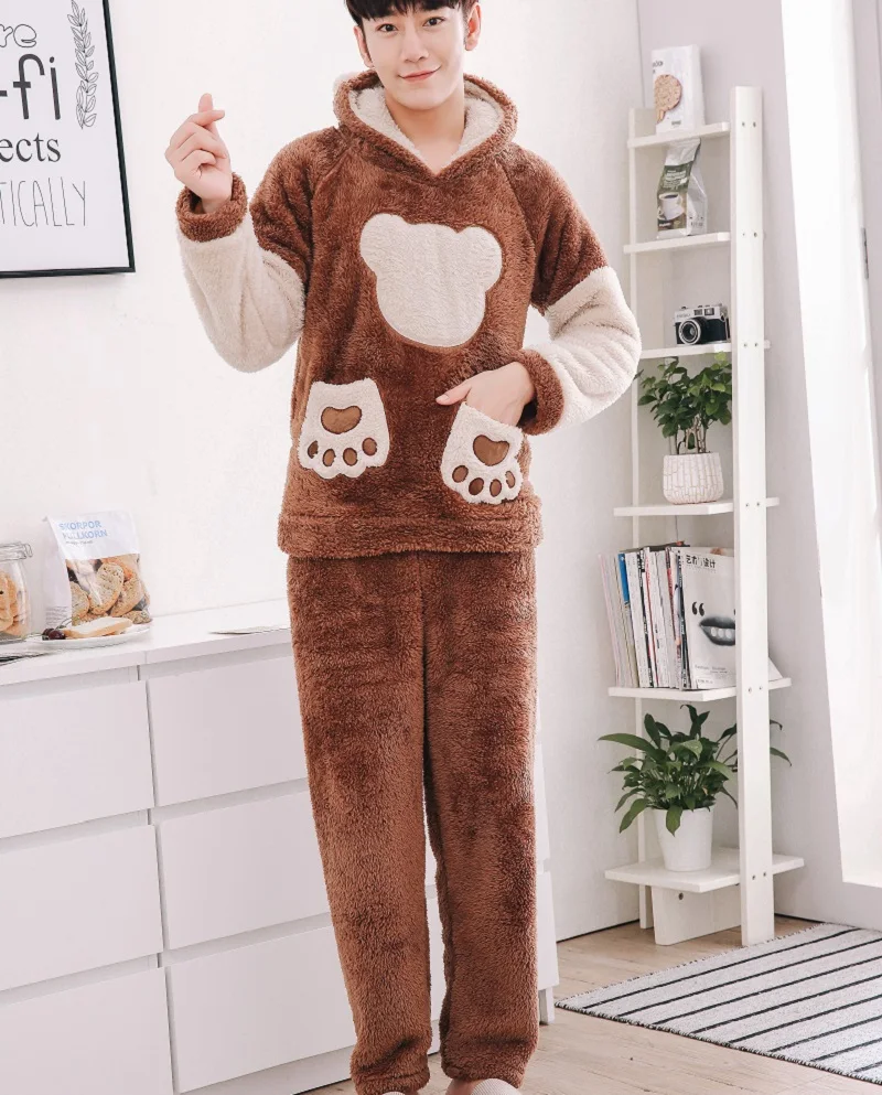Мужская плюшевая Пижама с капюшоном и длинным рукавом, зимняя теплая плотная Женская домашняя одежда с милым мультяшным медведем