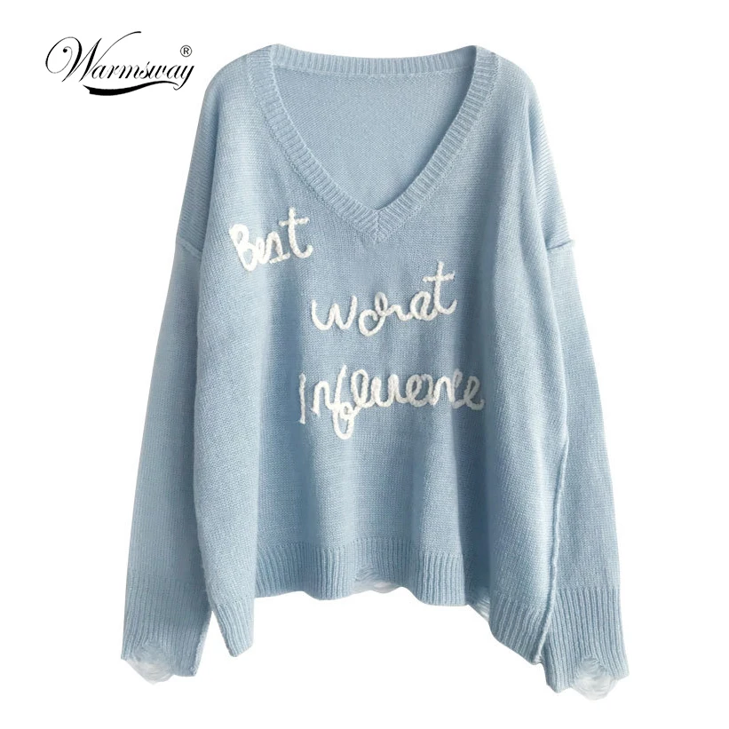 Warmsway V neck sexy embroidery jersey Destroyed Ripped Slouchy Sweater Pullover Hollow Out loose Jumper Tops Knitwear  B-073