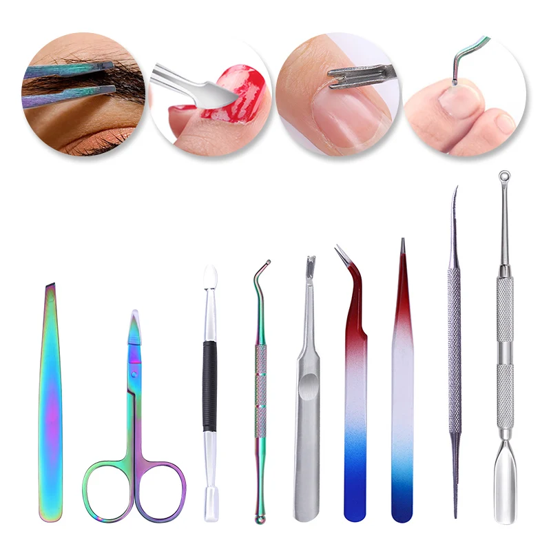 

Stainless Steel Nail Cuticle Remover Dead Skin Pusher Fork Clipper Nipper Rainbow Eyebrow Scissor Tweezer Pedicure Nail Art Tool