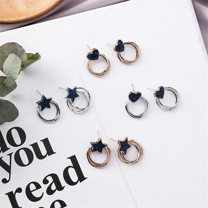 

Quality Shining Heart Star Shape Blue Crystal Stud Earrings for Women Geometric Multi layer Round Metal Ear Jewelry Girl Gift