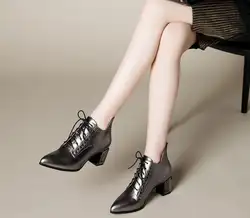 Европа и США 2018 весенние и осенние кожаные Обувь на высоком каблуке острым толстые каблуки с ботинки «мартенс» обувь в английском стиле