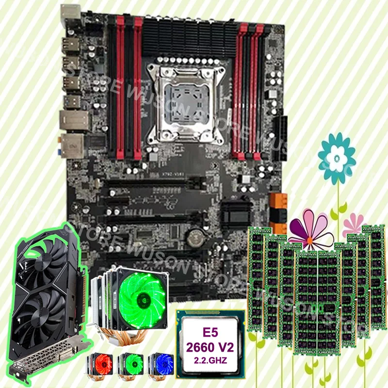 Best Price Hot gaming PC motherboard bundle X79 motherboard CPU Xeon 2660 V2 2.2GHz with cooler GTX1050TI 4G video card RAM 8*8G 1600 RECC