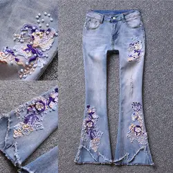 2019 Весна Осень Новые вышитые модные женские джинсы бисером рваные вареные широкие брюки