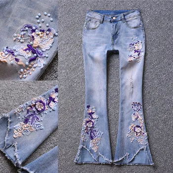 

2020 spring autumn new embroidered fashion women jeans beaded ripped washed wide-leg pants