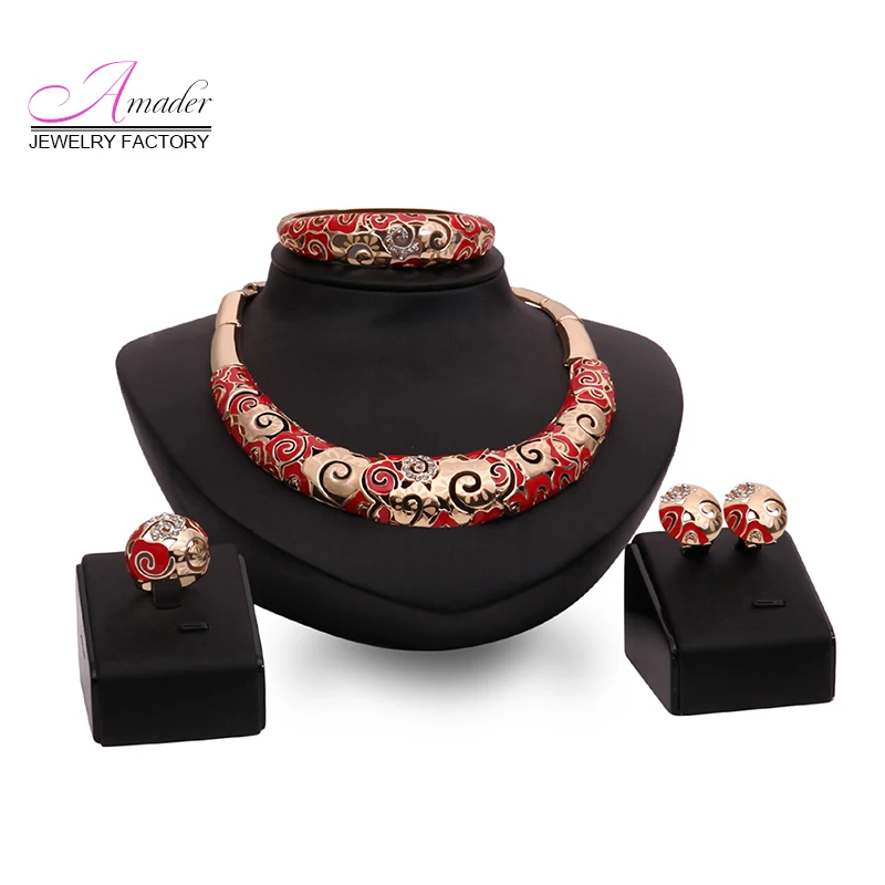 Necklace Bangle Stud Earrings Finger Ring Statement Jewelry Sets Luxury Vintage Gold color Rhinestone Red Flower Pattern Collar | Украшения