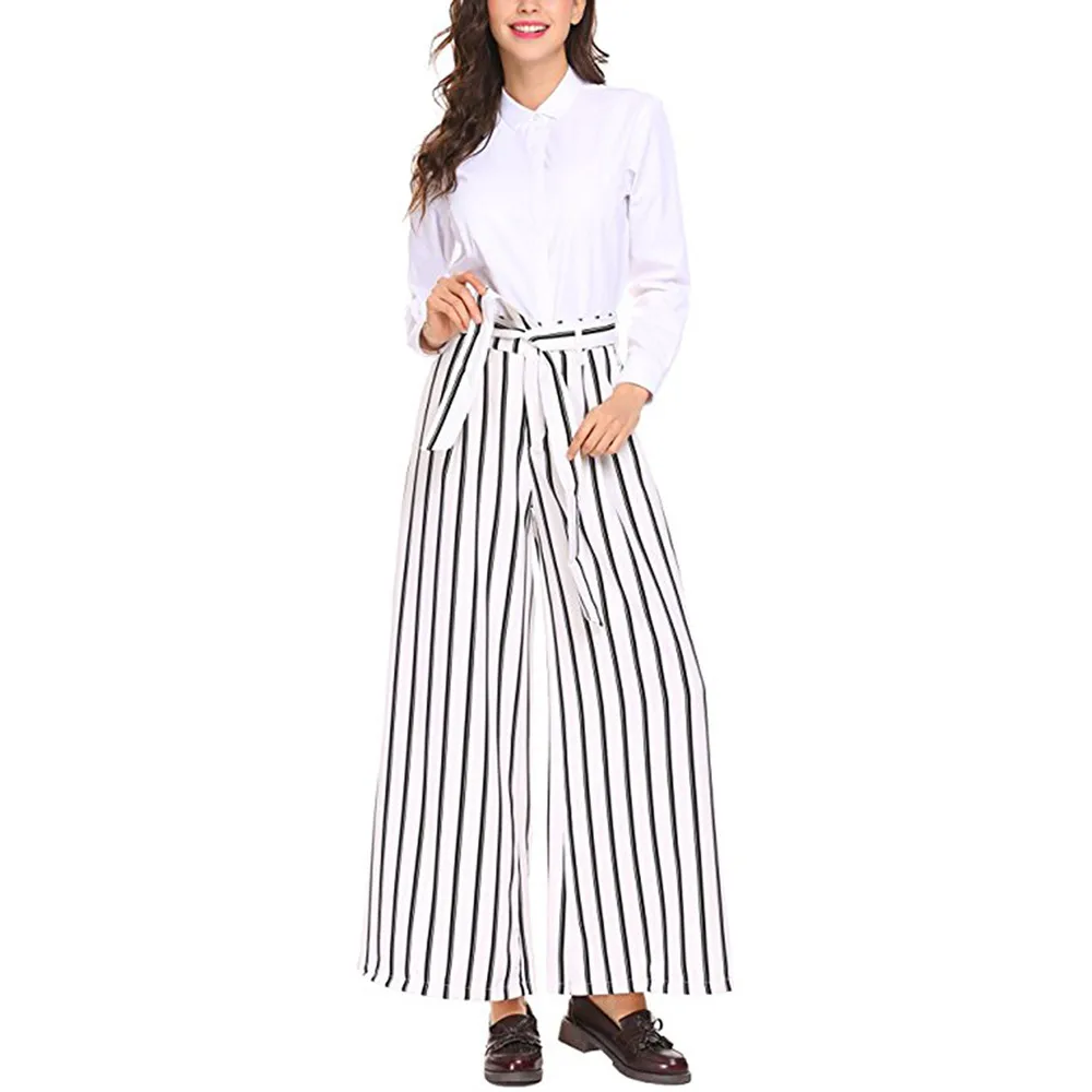 

Women's Striped Flowy Wide Leg Long Pants Ladies High Waist Zipper Belted Maxi Pants Office Lay Pants