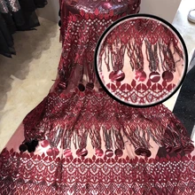 

2018Popular Sequins Lace Fabric High qualtiy African Net Lace Biggest Sequence Lace Fabric For Wedding Dress lace MD509Wine