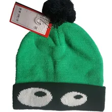 Новые Вязаные хлопковые зеленые шапки-бини с изображением монстра и двух глаз, зимние теплые милые шапки в полоску с флисовой подкладкой для детей