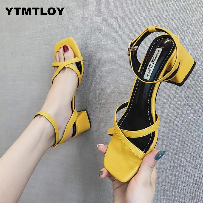 Summer 2019 HOT New High Heels Women's Shoes With Open Toe Suede Sexy Word Buckle Women Sandals Rome Gladiator Red yellow